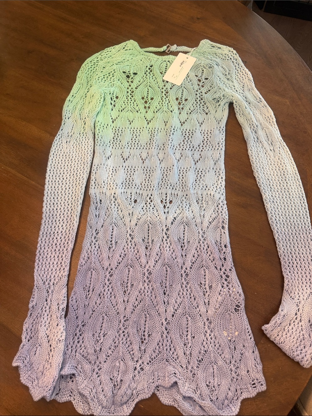 The Attico Mint-to-Lilac Open-Knit Long Sleeve Dress